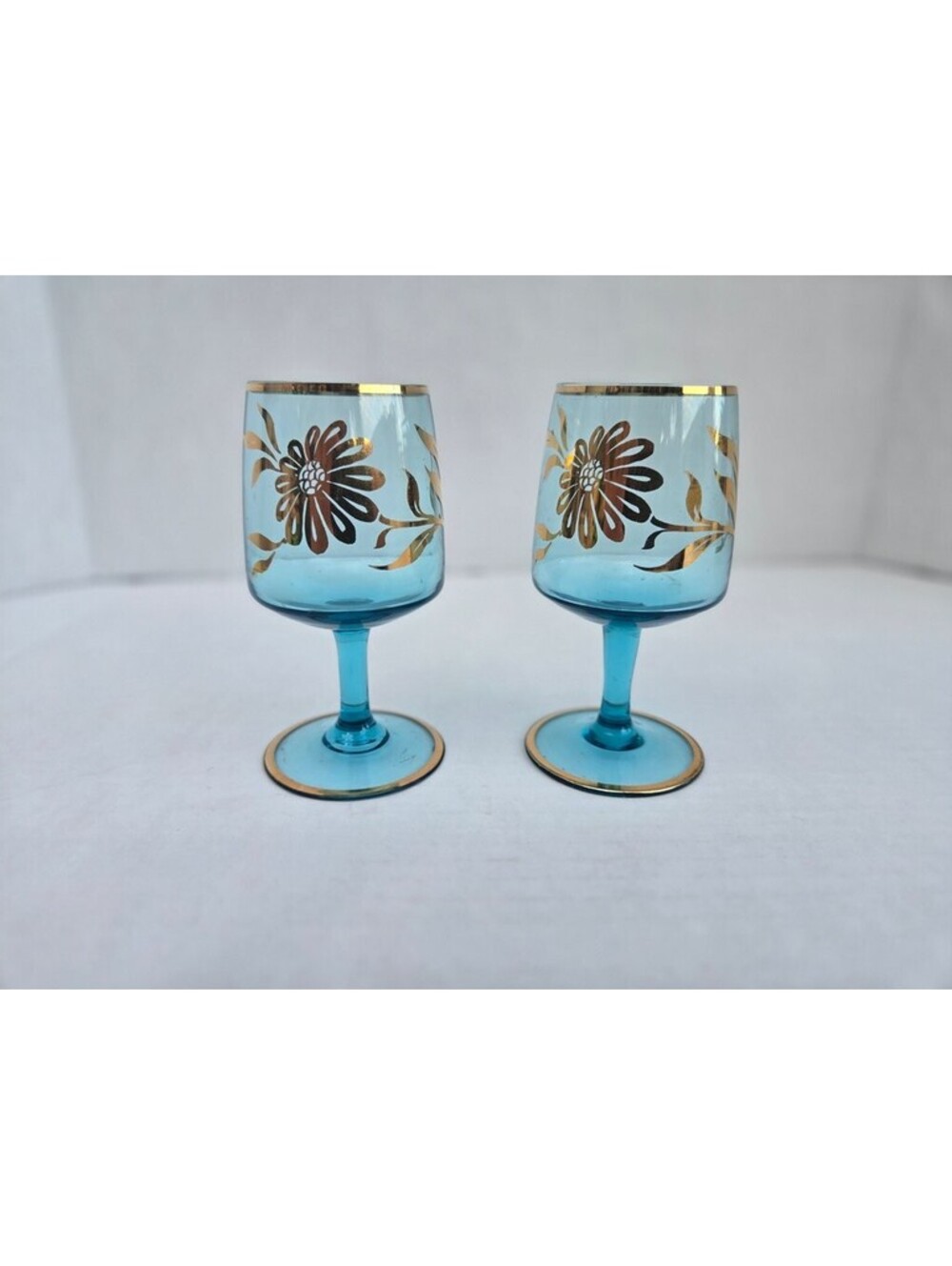 2 Vintage Blue Glass ROMANIAN/BOHEMIAN Goblets with Gold Floral Design